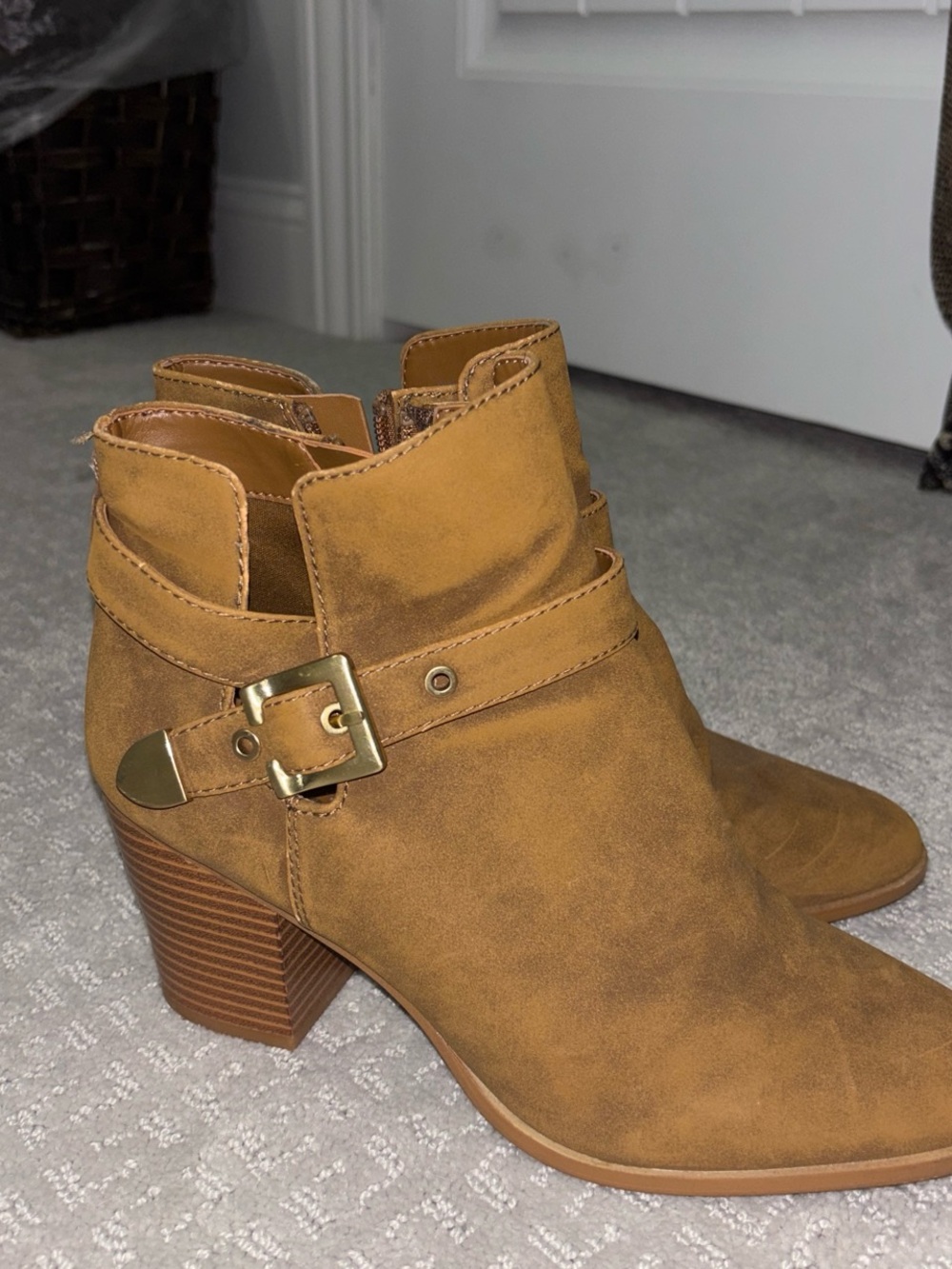 Aldo Mustard Tan Suede-Look Buckle Ankle Boots